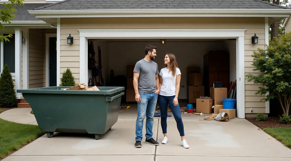 Small dumpster in driveway of upper‑middle‑class home with garage open and couple